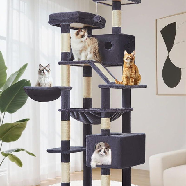 Taoqimiao Cat Tree 71-Inch, Cat Tower for Indoor Cats Large Adult, Multi-Level Large Cat Condo, 8 Sisal Scratching Posts, Metal Frame Cozy Hammock, Scratch Board, 2 Top Perches, Smoky Gray MS026LG
