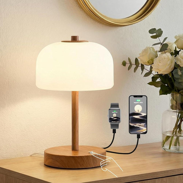 Oneach 9.5" Touch Control Table Lamp with USB A+C Charging Ports, Corded Wood Grain Dimmable LED Bedside Lamp with 3 Color Temperatures, Small Modern Table Lamps for Bedroom Nightstand Living Room