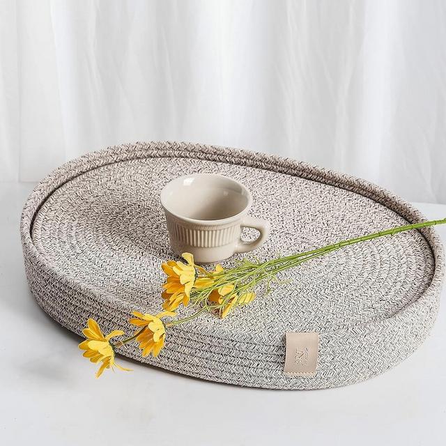 ART pinecone Cotton Rope Woven Placemats 16 * 12 inches Oval Hot Pads Hot Mats Set of 6, and 1 Storage Basket for Holiday Table Decor (16 * 12, Brown Mixed)