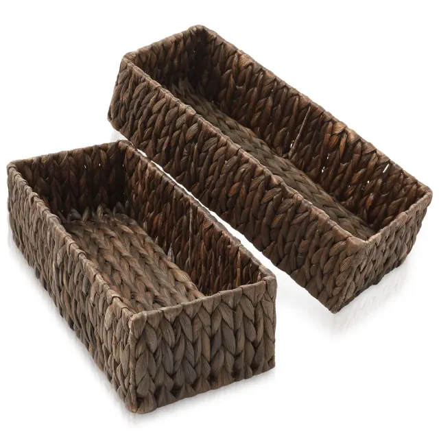 Casafield Bathroom Storage Baskets - Set of 2, Espresso - Water Hyacinth, 16" W x 6.75" D x 4.25" H, Woven Toilet Paper, Tissue, Shelving Bins