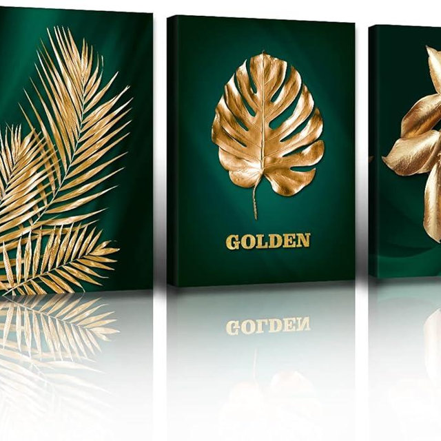 3Pcs Framed Green and Gold Wall Decor - Emerald Green Bathroom Decor Gold Tropical Botanical Prints Plant Canvas Wall Art Mid Century Modern Decor Green Vintage Room Pictures Bedroom Wall Decorations