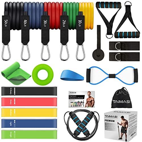 TAIMASI 23PCS Resistance Bands Set Workout Bands, 5 Stackable Exercise Bands with Handles, 5 Resistance Loop Bands, Jump Rope, Figure 8 Resistance Band, Headband, Cooling Towel