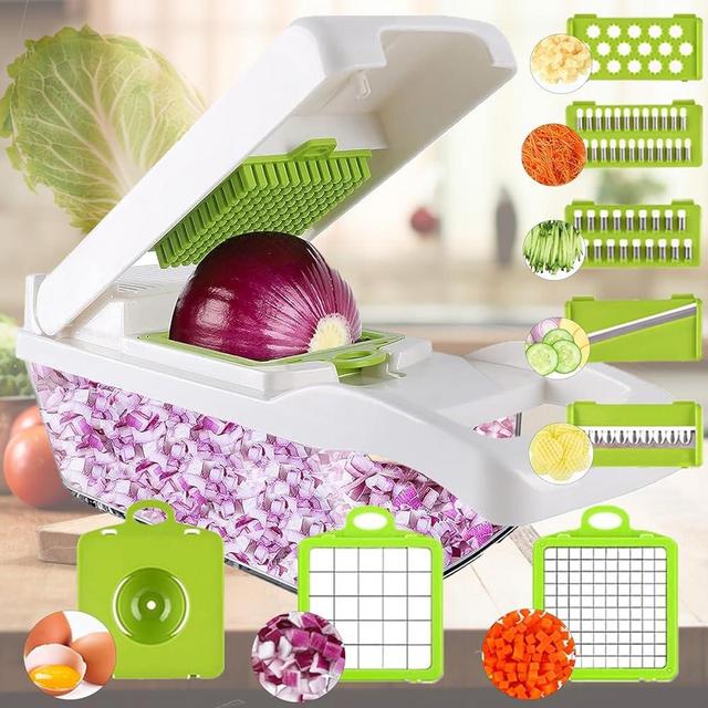 Vegetable Chopper Dicer with Container | Cheese Grater Mandoline Slicer Cabbage Shredder French Fry Cutter Stainless Steel for Veggie Onion Fruit Food, Manual Hand Cooking Gadget for Kitchen