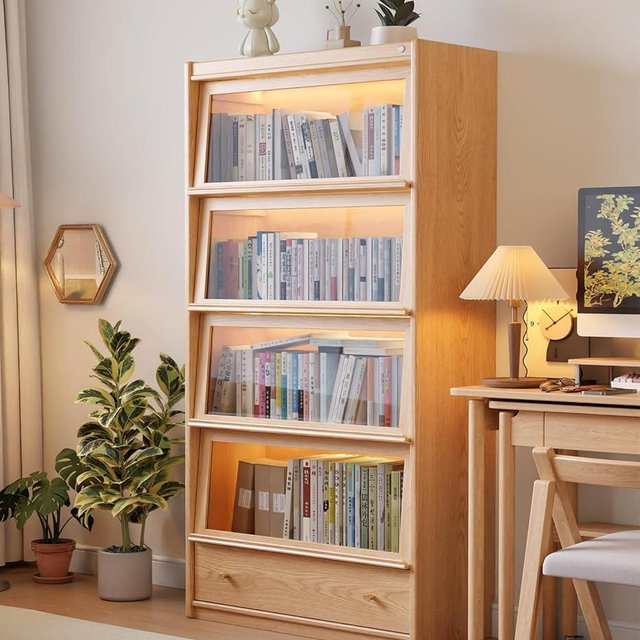 Solid Wood Bookcase with Flip-Up Tempered Glass Doors,70" H Tall Wood Book case with 3 Color Led Lights,4 -Tier Wooden Bookshelf and 1 Drawer,Display Cabinet Kitchen Pantry for Living Room,Office