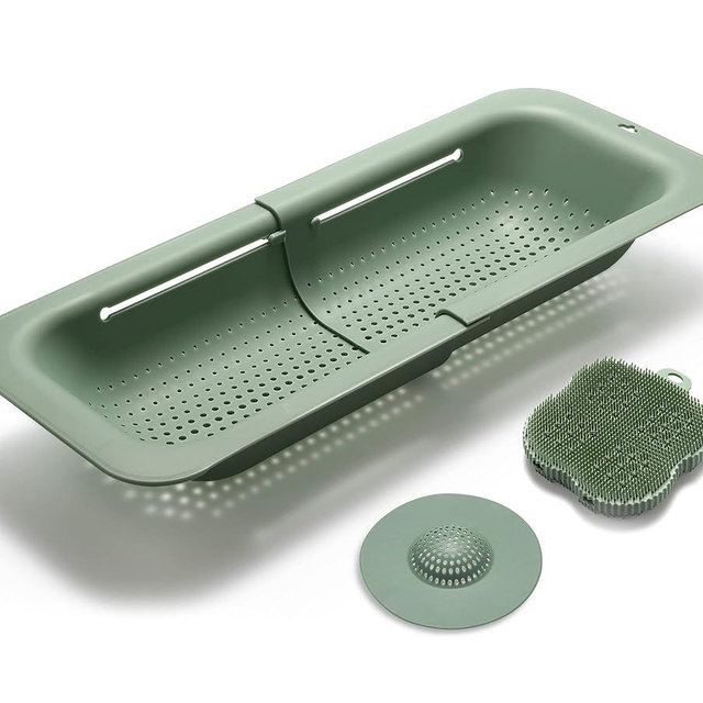 Domonic Home Colander Over the Sink Colander for Kitchen Sink, Over the Sink Strainer Basket Vegetables,Fruits,Pasta,Collapsible Colander 14.5"-19.5",Green Colander Dishwasher Safe
