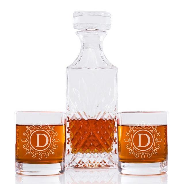Ornate Monogram Bevel Decanter and Rocks Glasses (Set of 5), Letter D