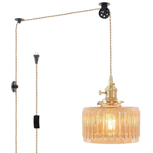 Shenmoyl Plug in Pendant Light Hanging Light Fixture Corded On/Off Switch Brass Pendant Light with Amber Striped Glass Lampshade for Bedroom Living Room Kitchen Island