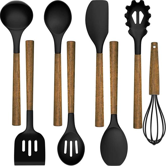 Silicone Cooking Utensil Set, Umite Chef 8-Piece Kitchen Utensils Set with Natural Acacia Wooden Handles,Food-Grade Silicone Heads-Silicone Kitchen Gadgets Set for Nonstick Cookware- Black
