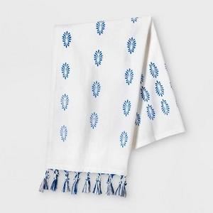 White Towel with Blue Fringe Tassels Kitchen Towel - Opalhouse™