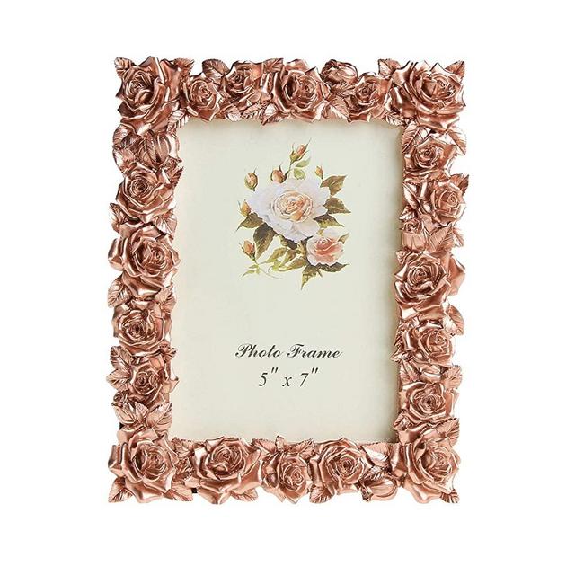 Aivorin Garden Style Resin Picture Frame Rose Flower Decorative with High Definition Plexi Glass Sheet for Table Top Desk Photo Display, Rose Gold Color, 5x7 inch