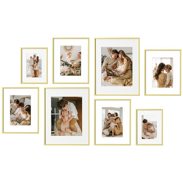 eletecpro Aluminum Gallery Wall Frame Set of 8, Including 2Pcs 11x14, 3Pcs 8x10, 3Pcs 6x8 Photo Frames for Wall or Tabletop Display, Multiple Sizes Picture Frames Collage Wall Decor, Gold