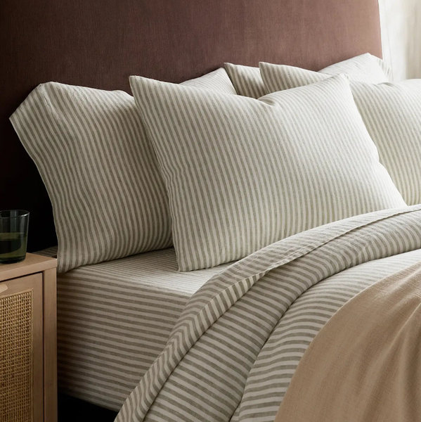 European Linen Duvet Cover Set - King/Cal King with Sham Set (Willowleaf/white stripe)