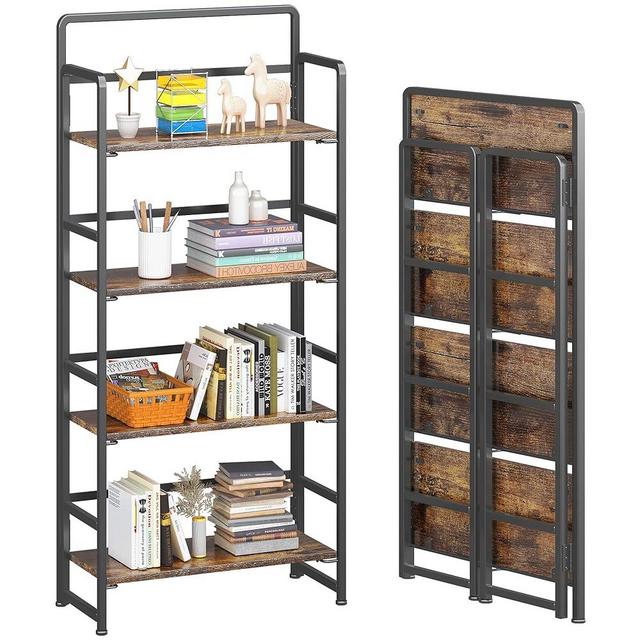 4NM No-Assembly 4 Tiers Folding Bookshelf Storage Shelves Vintage Bookcase Standing Racks Study Organizer Home Office (Rustic Brown and Black)