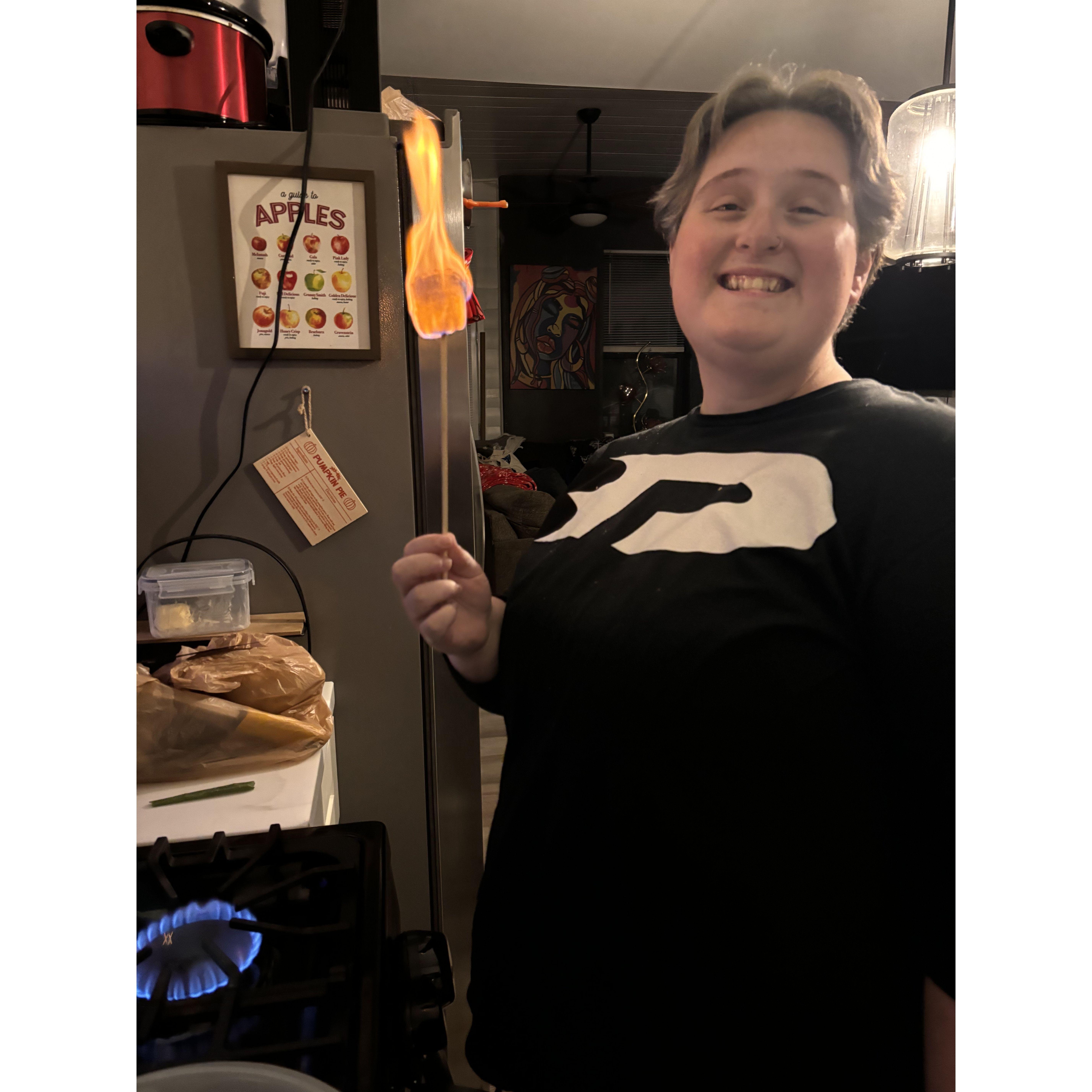 Kelly was really excited for late-night s'mores on Halloween night. We used our gas burner and...well.
 -Carissa