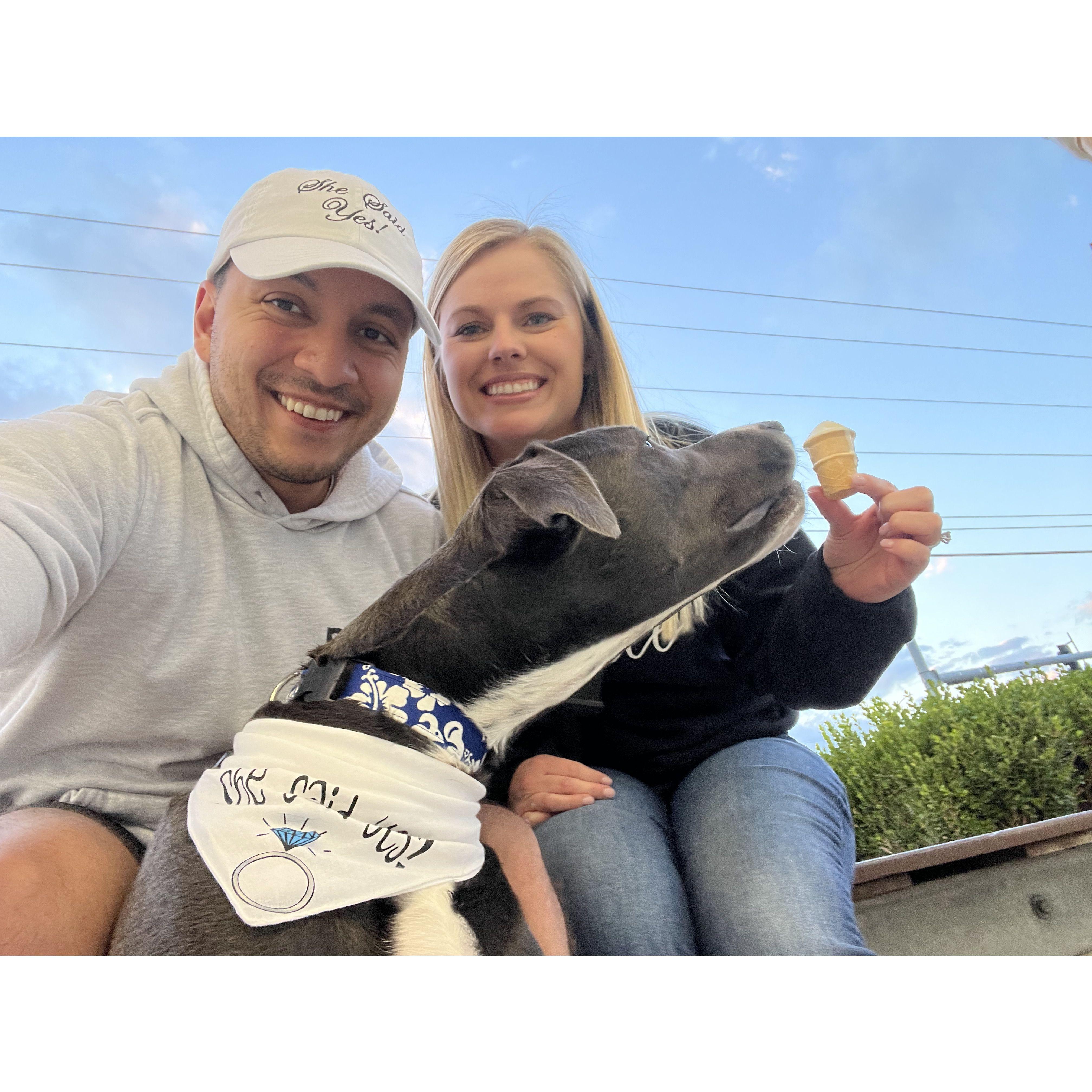 We celebrated with a pup cup from Andy's with our doggo, Obi, after getting engaged!