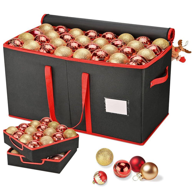 BROSYDA Christmas Ornament Storage Box, Ornament Storage Organizer Fits 128 of 3 inch Ornament Balls, 8 Removable Tray Ornament Storage Containers with Dividers to Store Xmas Holiday Decor(Black)