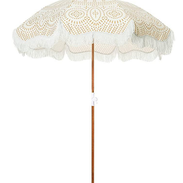 Business & Pleasure Co. Holiday Umbrella - Boho Beach Umbrella with Fringe - UPF 50+ Blocks 98% UV - Premium Wood Pole & Aluminum Hinge - Eyelet