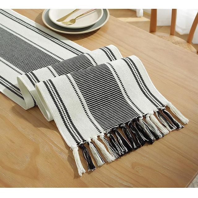 Caflife Boho Table Runner Balck and White for Modern Farmhouse Decor, Natural Cotton Woven Runner with Tassels for Home Dining Table décor 13 x 108 Inch Long