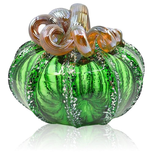 Luke Adams Glass | Handmade Glass Pumpkins | Handmade Table Top Home Decor (Squat, Green Tinsel)