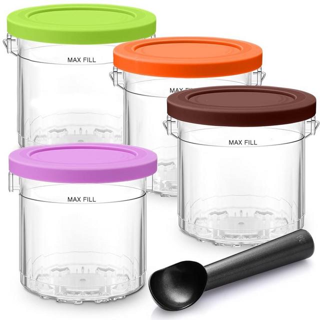 SLLFLY For Ninja Creami Pints and Lids 4 Pack,Compatible with Ninia NC299AMZ & NC300s Series Creamy lce Cream Maker,16oz Cups,BPA-Free&Dishwasher Safe