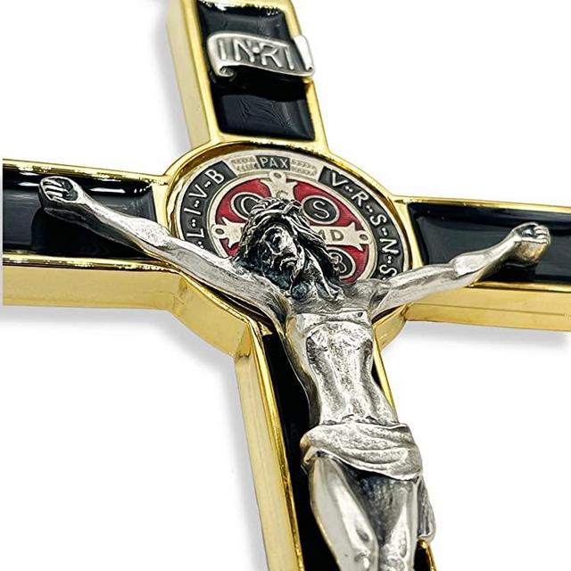 Caritas et Fides 8 Inch St Benedict Crucifix Black Crucifix Wall Cross with Plated Gold Trim - Crucifix Metal Cross for Catholic Christian Home, Office, Etc. - Powerful Spiritual Protection from Evil
