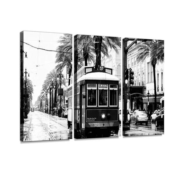 Cable Car, New Orleans. Black and White Print On Canvas Wall Artwork Modern Photography Home Decor Unique Pattern Stretched and Framed 3 Piece