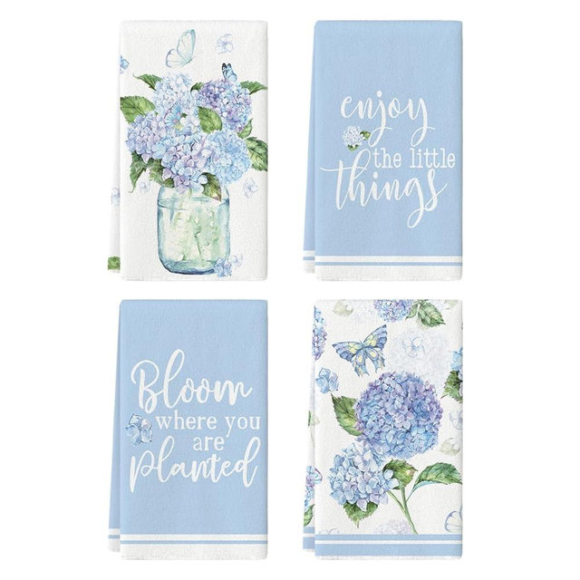 Artoid Mode Blue Hydrangea Motto Spring Kitchen Towels Dish Towels, 18x26 Inch Farmhouse Decoration Hand Towels Set of 4