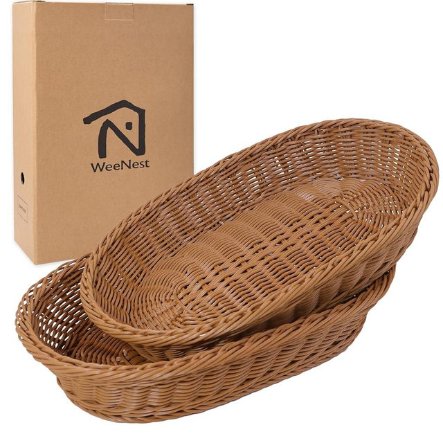 WeeNest Wicker Bread Basket, Woven Basket as Serving Tray, Food basket, Fruit basket for kitchen, Bread Serving Basket, Oval Resin Wicker 2 pcs, Light Brown