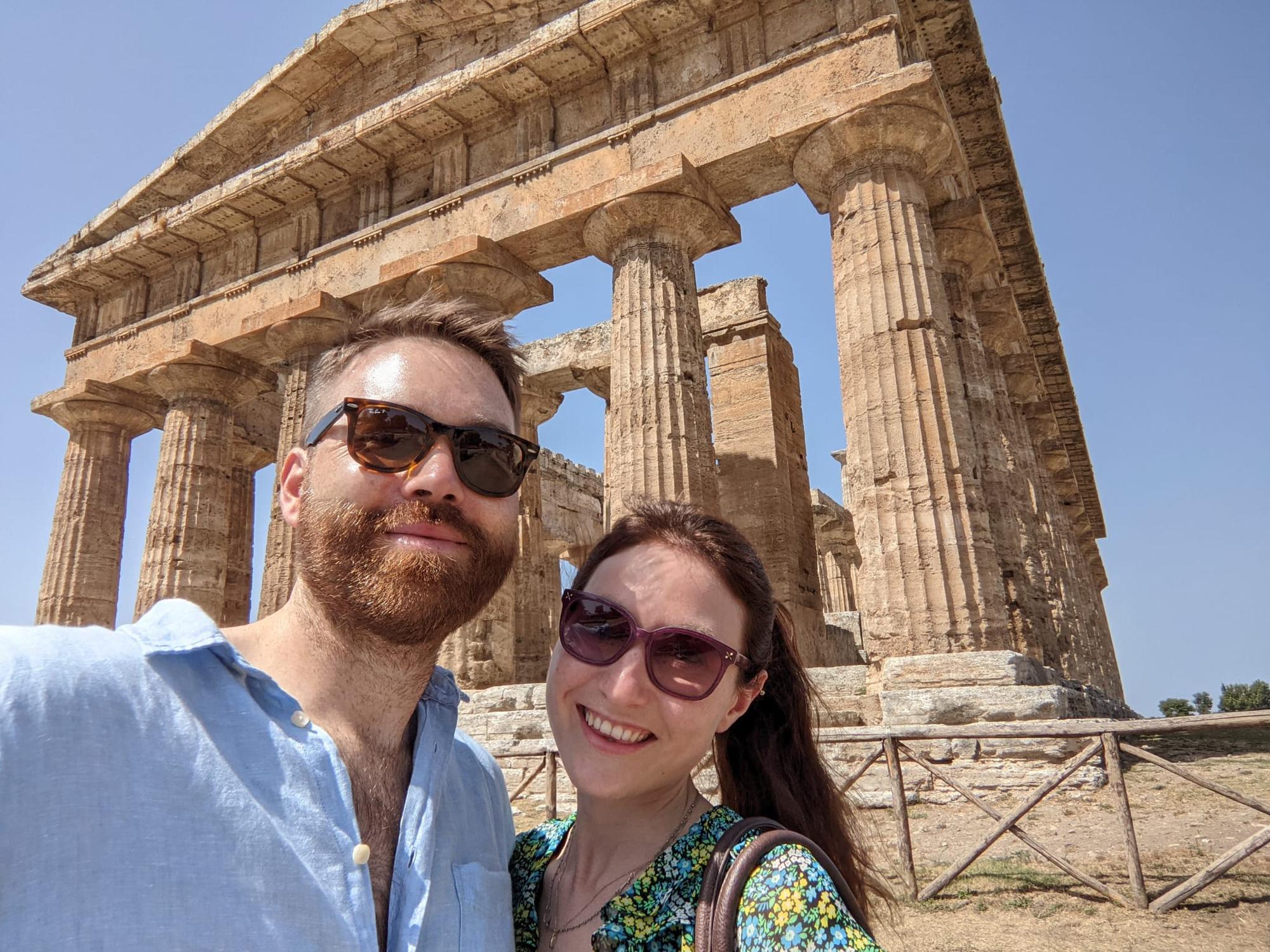 Italian background (Paestum) and Italian style (unbuttoned shirt)