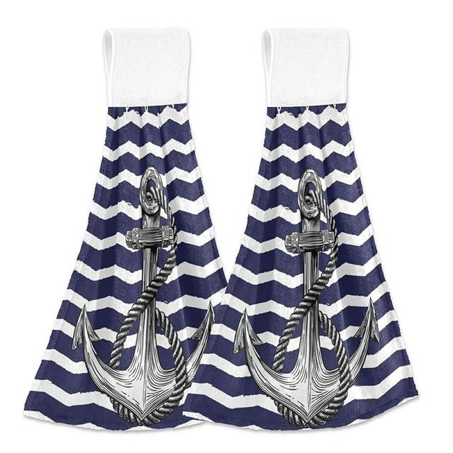 Giwawa Nautical Anchor Hand Towels 2 Pcs Soft Navy Blue Anchors Hanging Towel High Absorbent White Stripe Dish Towel Fast Drying Sea Anchor Towel for Kitchen Bathroom Toilet Home Decorative 12x17in