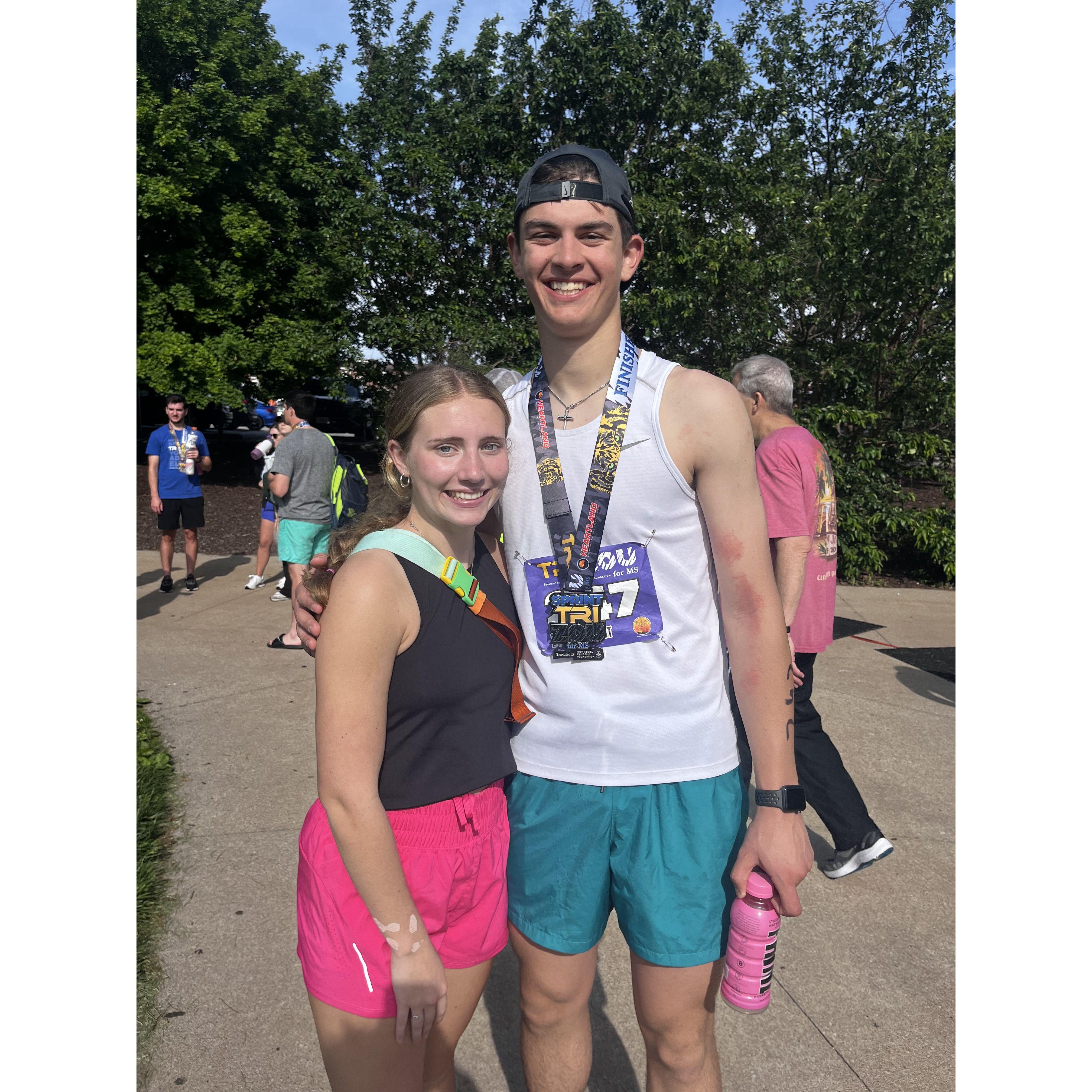 Molly supporting Brennan at his Triathalon 2024 (we were both suffering from poison oak at the time)