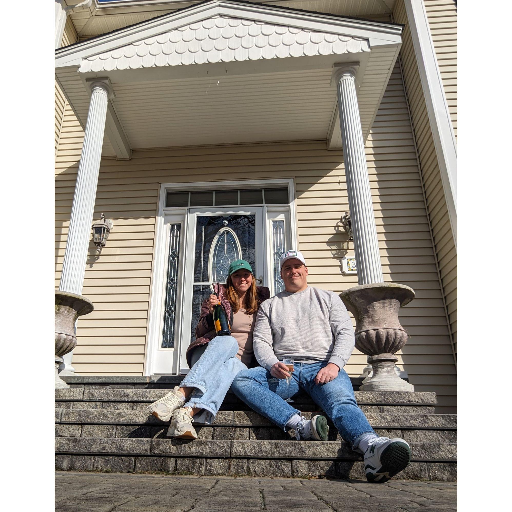 The day we got engaged we sat on the front stoop drinking champagne waiting for the ring to come in the mail (very romantic and not at all trashy)