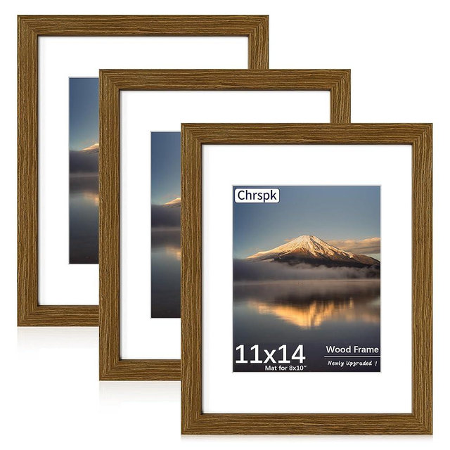Chrspk 11x14 Poster Frame, Display Pictures 8X10 with Mat or 11x14 Without, Wall Hanging Frames, Rustic Brown, 3 Pack