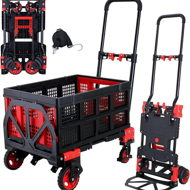 2-in-1Hand Trucks Dolly 330LB Foldable with Folding Basket, Folding Hand Trucks Heavy Duty Carrying, Combination of 4 Wheels and 2 Wheels Convertible Cart with Retractable Handle Dolly for Moving
