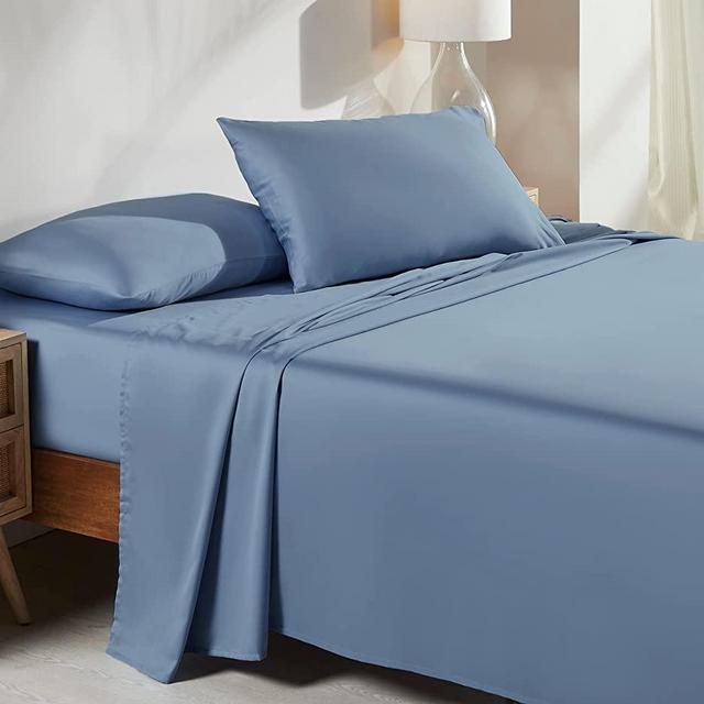 Soft Cooling Sheets, 100% Cotton Sheets King Size Bed Sheets Set with Deep Pockets, 4 Piece Bedding and Pillowcases Set for Blue Sheets, King Sheets Set with Sateen Weave ( King , Blue )