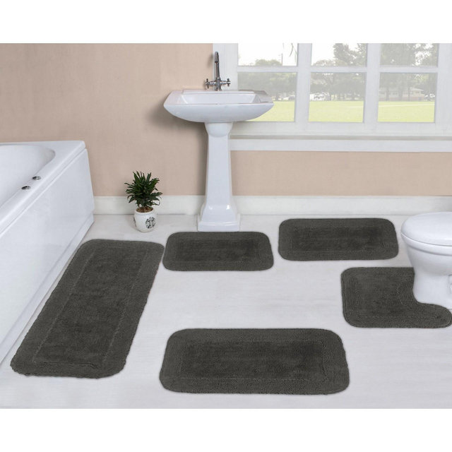 Radiant Bathroom Rugs Set, Washable Rug, Extra Soft and Absorbent bath Rug, Bath Mat Set, Bath Floor Mat Non-Slip, 5 Pcs Set with Contour, Gray