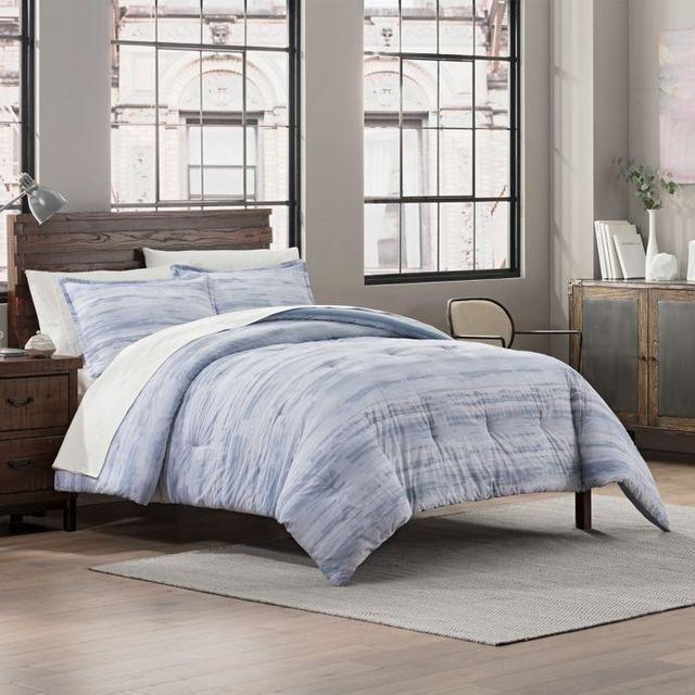Garment Washed Striped Print Reversible Full/Queen Comforter Set in...