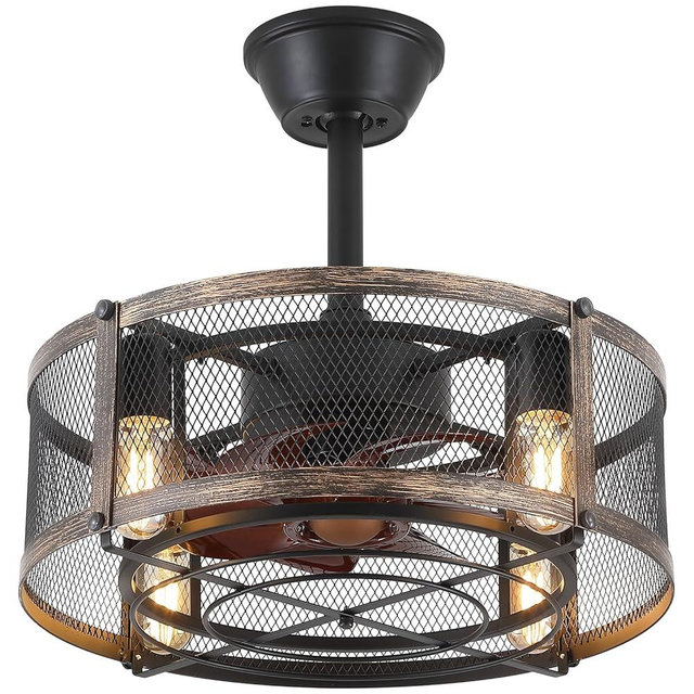 Dannilong 18 Inch Caged Ceiling fans with Lights, Bladeless Farmhouse Fandelier Ceiling Fan with Remote, Enclosed Small Ceiling Fan for Bedroom Kitchen Outdoor, 6 Speeds, Black
