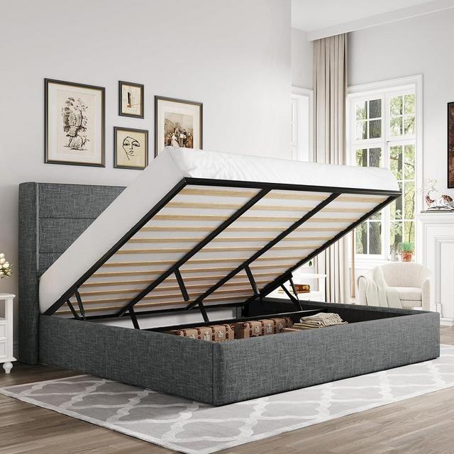 Allewie King Lift Up Storage Bed,Modern Wingback Headboard,Hydraulic Storage,No Box Spring Needed,Dark Grey