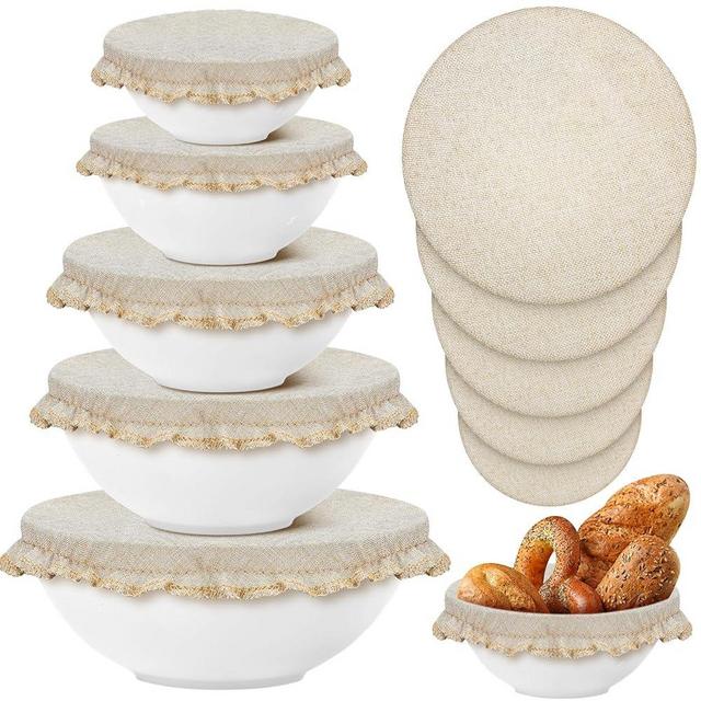 Patelai 10 Pieces Bowl Covers Reusable in 5 Size Stretch Cloth Fabric Bowl Covers Elastic Food Storage Covers Cotton Bread Bowl Covers Reusable Lids for Food, Fruits, Leftover (Beige Style)