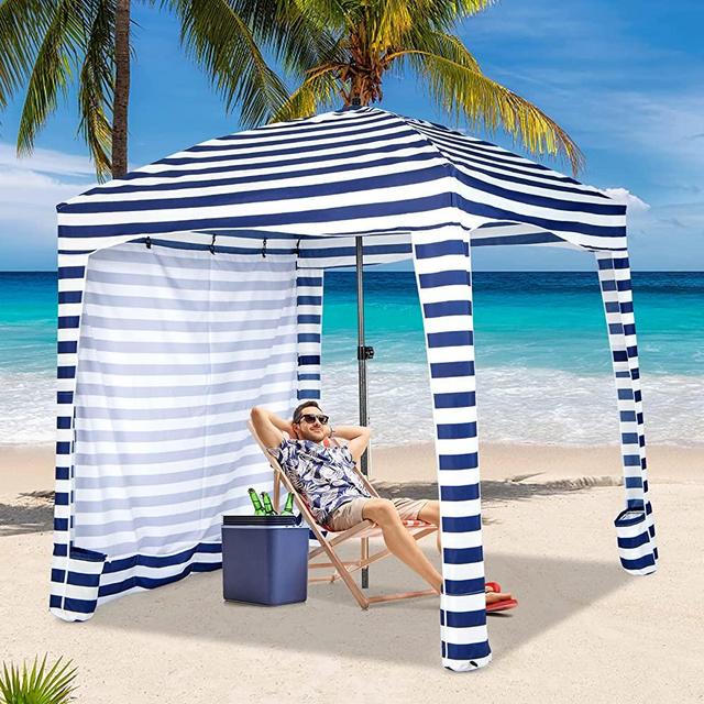 Tangkula 6x6 Ft Beach Cabana, Portable Beach Canopy with Detachable Sidewall, 8 Sandbags, 2 Tier Vent, Easy Setup Sun-Protection Outdoor Beach Umbrella Shelter with Carrying Bag for Family