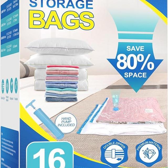 Fygrip 16 Pack Vacuum Storage Bags with Hand Pump, 4 Jumbo + 4 Large + 4 Medium + 4 Small 80% Space Saver Vacuum Seal Bags for Clothing, Vacuum Compression Bags Travel Lugggage, Blankets, Comforters