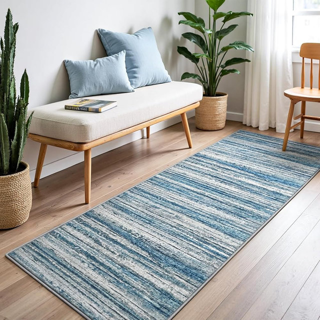 Chicrug 2x6 Hallway Washable Runner Rugs for Bedroom, Non Slip Striped Abstract Runners Rug for Entryway Kitchen, Low Pile Indoor Floor Carpet Runner for Laundry Room Dorm Bedside Decor, Blue