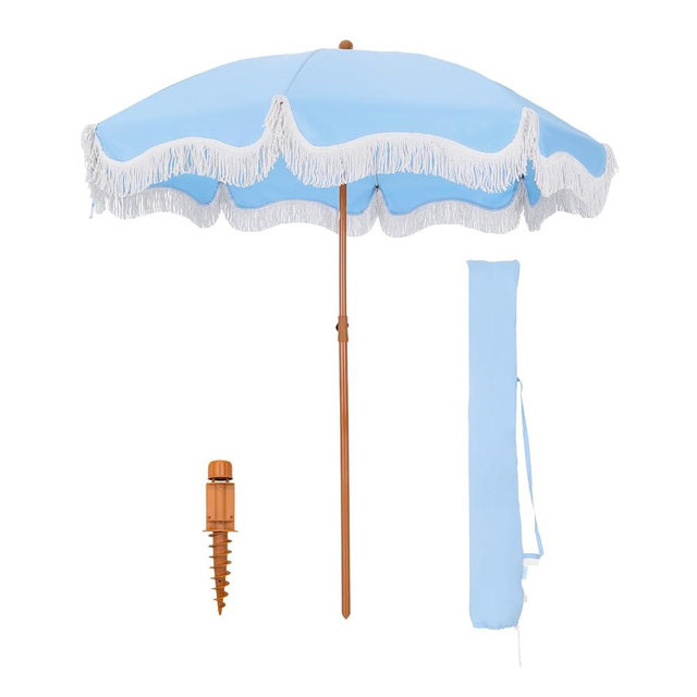 GREEN PARTY 7ft Patio Umbrella with Fringe, Portable Outdoor Beach Umbrella with Sand Anchor, Carry Bag, Push Button Tilt, UPF 50+ UV Protection, Light Blue