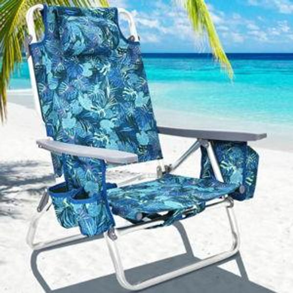 2-Pack Folding Backpack Beach Chair 5-Position Outdoor Reclining Chairs with Pillow Blue/Pattern/Pink/Yellow/Dark Pink/Dark Green/Dark Blue