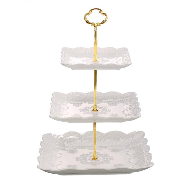 Sumerflos 3 Tier Porcelain Cupcake Stand, Tiered Serving Cake Stand, Square White Embossed Dessert Stand, Weddings Parties Pastry Serving Tray