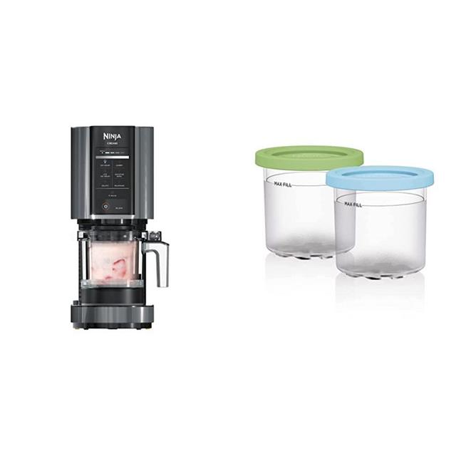 Ninja NC299AMZ CREAMi Ice Cream Maker, Matte Black & XSKPLID2CD Pints 2 Pack, Compatible with NC299AMZ & NC300s Series Creami Ice Cream Makers, BPA-Free & Dishwasher Safe, Lime & Aqua Lids, 1