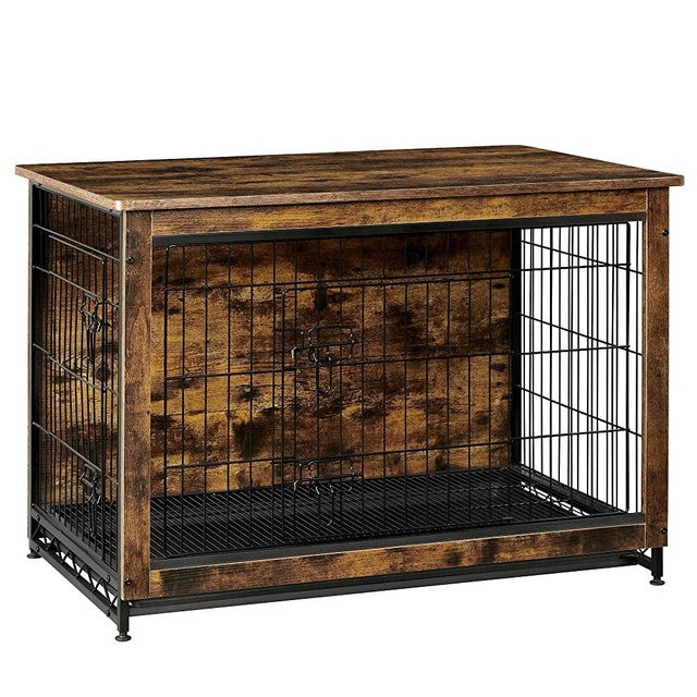 FEANDREA Wooden Dog Crate, Indoor Pet Crate End Table, Dog Furniture with Removable Tray, Rustic Brown and Black