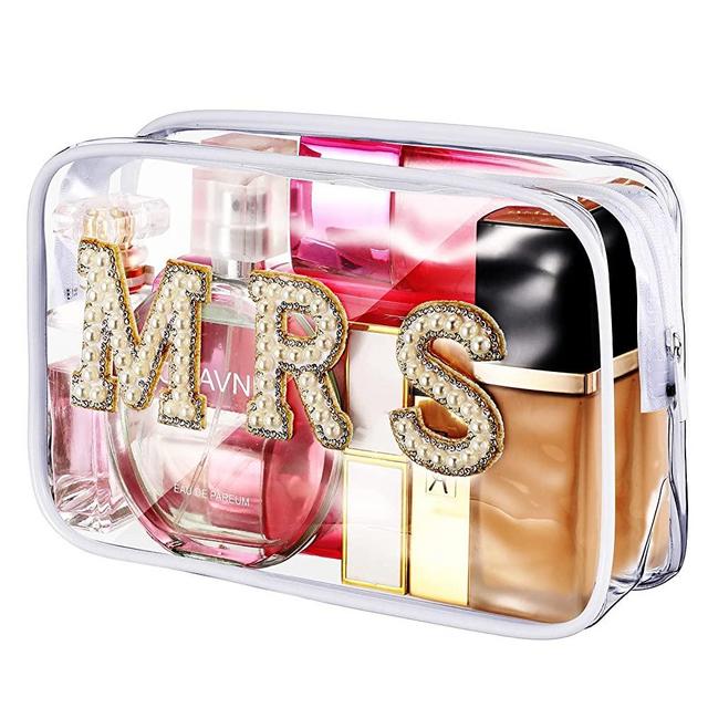 Y1tvei Bride Patch MRS Varsity Letter Cosmetic Toiletry Bag Pearl