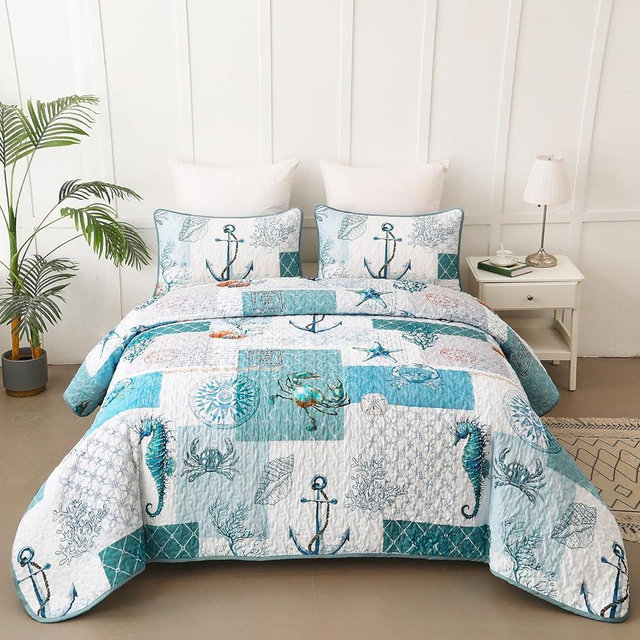 Quilt Set King Size Ocean Bedspread Coverlet Set 3 Piece-Soft Lightweight Microfiber Summer Nautical Beach Coastal Bedding Set for College Dorm All Seasons 104"x90" (Include 1 Quilt, 2 Pillowcases)